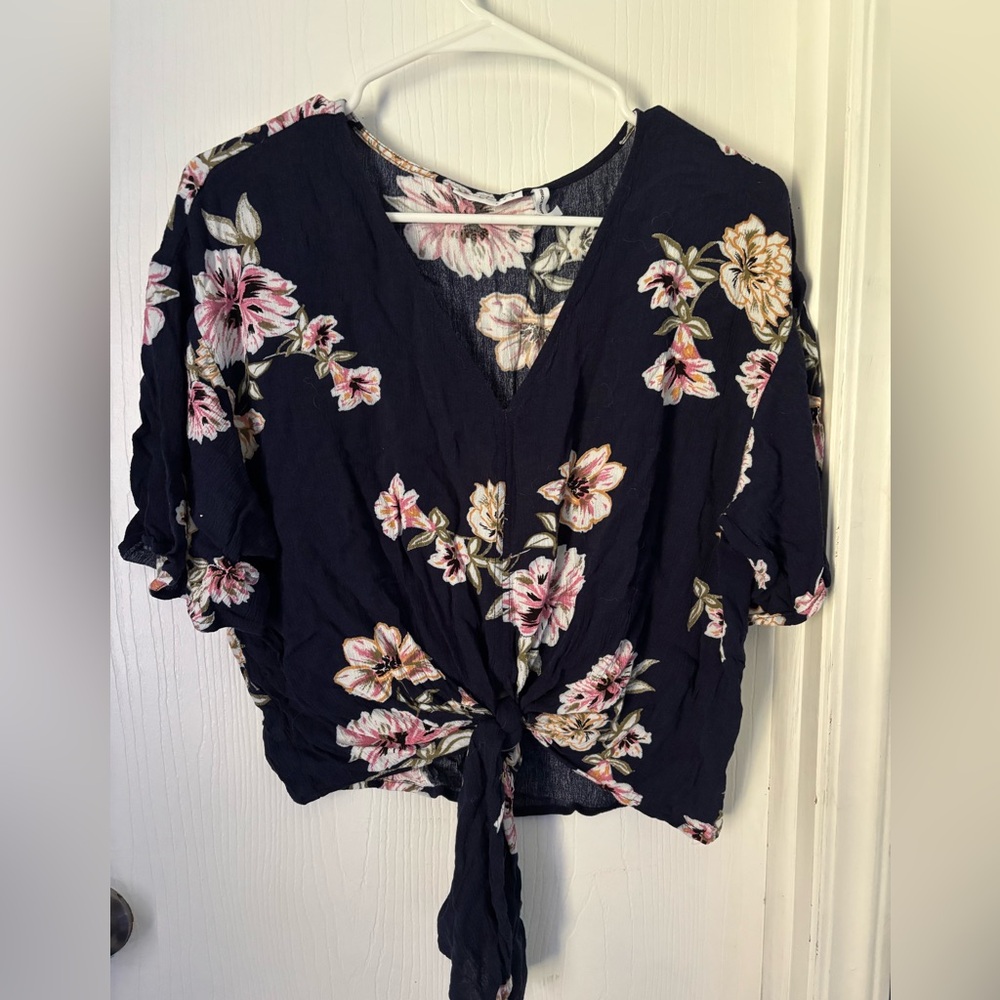 Floral Tie-Front Blouse - Black and Pink
